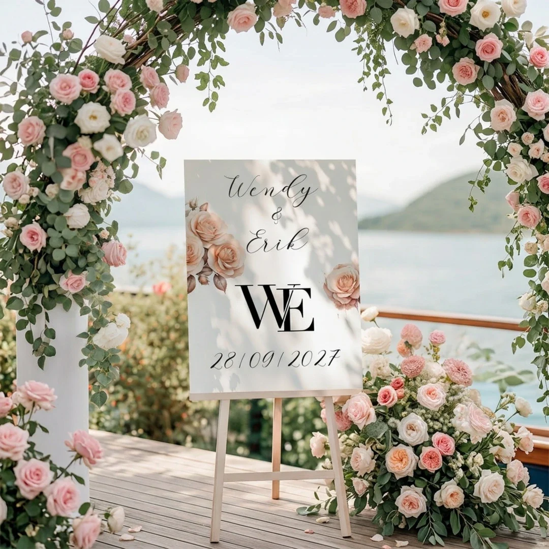W&E monogram verwerkt op een welkomstbord