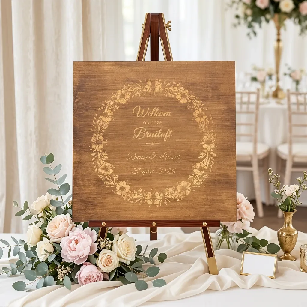 Welkomstbord hout namen en datum gepersonaliseerd